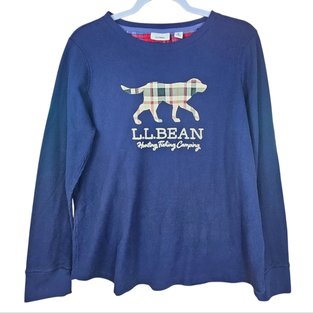 L.L. Bean Women's Royal Blue Long Sleeve Thermal Tee with Plaid Labrador Dog
